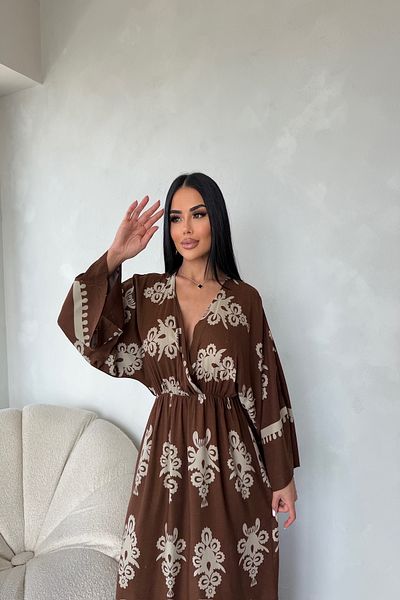 LİLA İSTANBUL Double Breasted Collar Viscose Fabric Ethnic Patterned Bat Sleeve Summer Dress