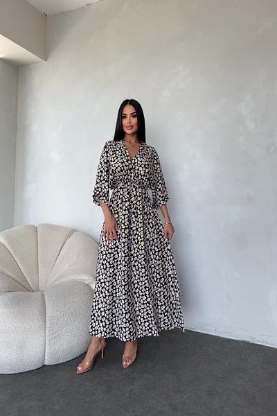 LİLA İSTANBUL Double Breasted Neckline Viscose Fabric Floral Patterned Bat Sleeve Summer Dress