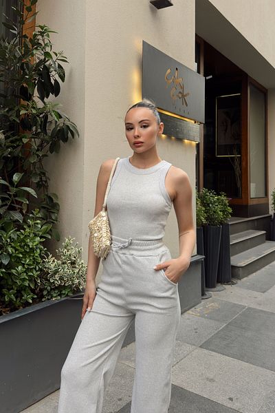 Siner Fashion Women's Gray Halter Neck Tank Top Loose Wide Leg Pants Set