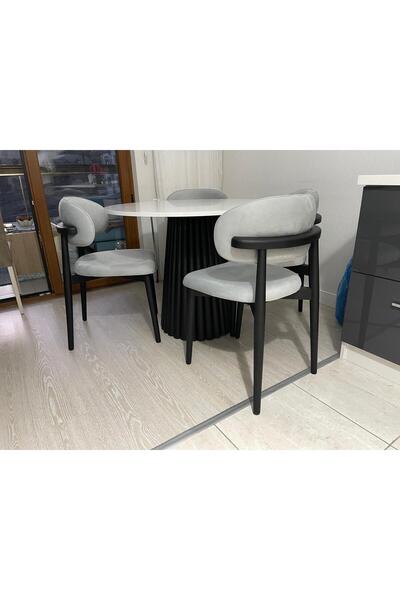 SEZBİL Yuvarlak Ahşap Polo Siyah Masa Takımı Bohem 4 Kişilik Mutfak Masa Sandalye Takımı İskandinav