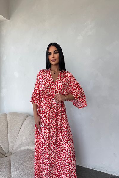 LİLA İSTANBUL Double Breasted Neckline Viscose Fabric Floral Patterned Bat Sleeve Summer Dress