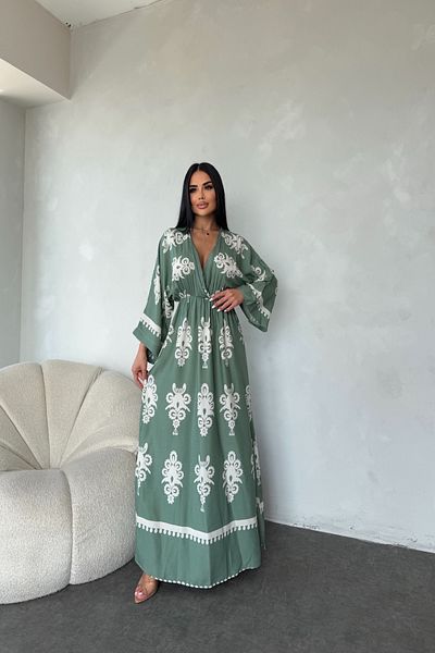 LİLA İSTANBUL Double Breasted Collar Viscose Fabric Ethnic Patterned Bat Sleeve Summer Dress