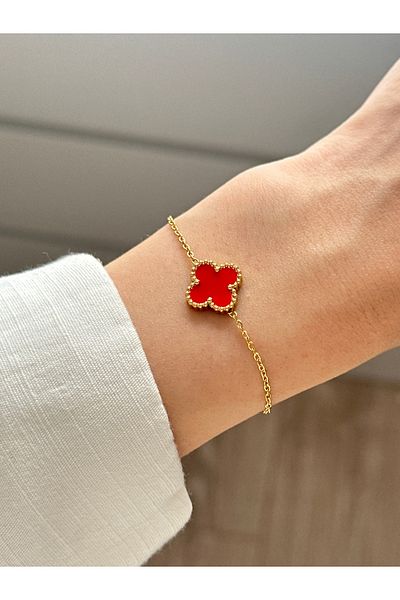 YOUES JEWELRY 316L Steel Clover Red Bracelet Women's Bracelet Single Clover Double Sided Bracelet