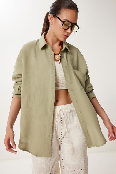 Lovelyİstanbul Cămașă de bază oversize din muselină KHAKI DESCHIS LMX0002