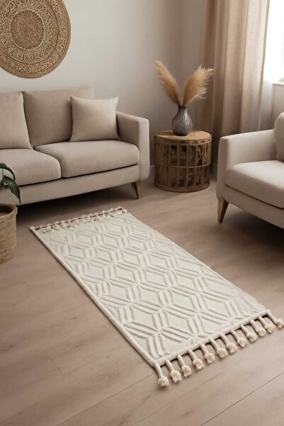 İpek Halı 80X150 ÖLÇÜSÜNDE KREM RENGİ İSKANDİNAV BOHEM YOLLUK TREND ÜRÜN