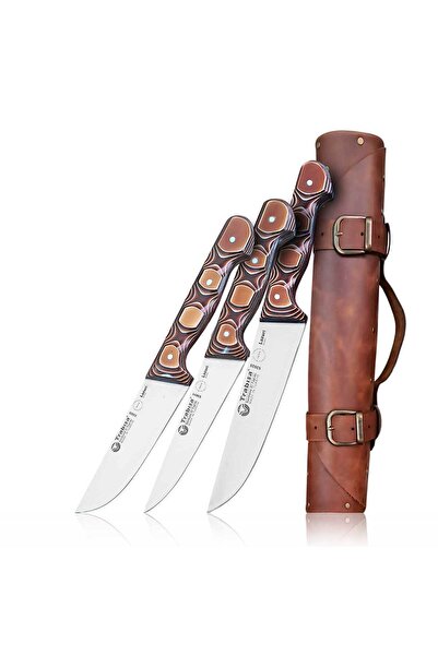 TRABISA Sürmene El Yapımı Deri Çantalı 3 Lü Kasap Bıçak Seti