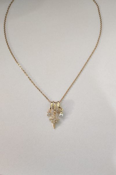 Lynare North Star Pearl Topcuk Steel Necklace with 3 Charms