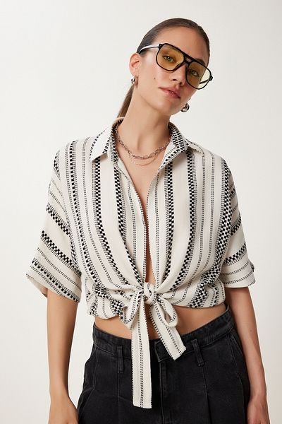 Lovelyİstanbul Lacing Detailed Summer Linen Muslin Blouse Cream Black Lmx0078