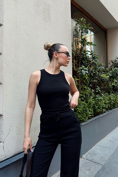 Siner Fashion Women's Black Halter Neck Tank Top Loose Wide Leg Pants Set