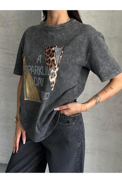 FERZOLAİO Spark Stone Leopard Detail Anthracite T-Shirt