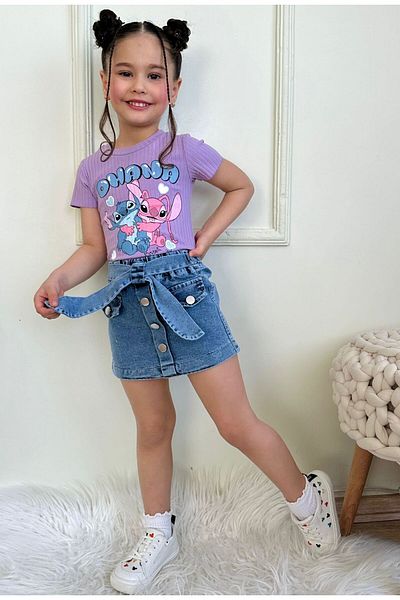LİLLYPİCCA Ecru Crew Neck Printed Corduroy T-Shirt and Denim Skirt 2-Piece