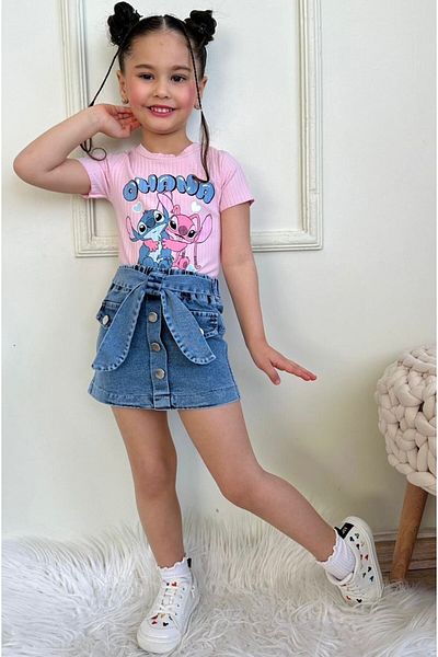 LİLLYPİCCA Ecru Crew Neck Printed Corduroy T-Shirt and Denim Skirt 2-Piece