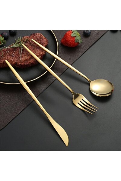 BRE HOME Modern Tasarım Gold Renk Paslanmaz Çelik 18 Parça Lüx ÇATAL BIÇAK KAŞIK Seti