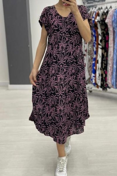 AYASOFYA OTANTIK Women's Black Fuchsia Ethnic Floral Patterned Loose Relaxed Cut Short Sleeve Midi Dress