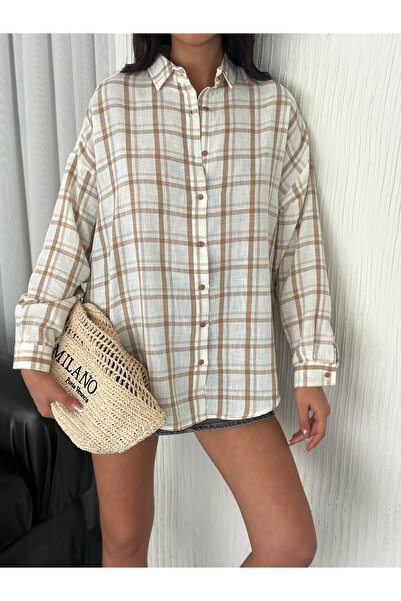 By Pommes Life Women's Plaid Checked Oversize Linen Shirt