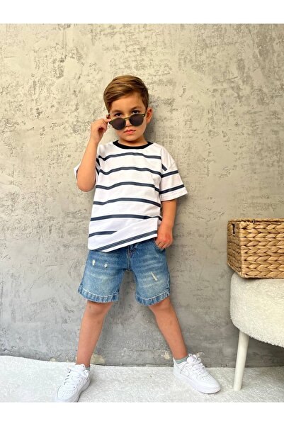 Pinkitokids Дънки къси панталони за момчета – тъмносини райета