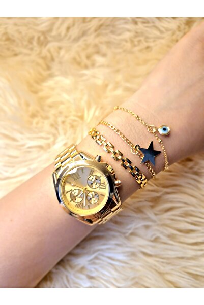 WERWOLF Kol Saati Seti Roma Rakamlı Gold Içi Gold Renk, 3 Lü Bileklik Setli
