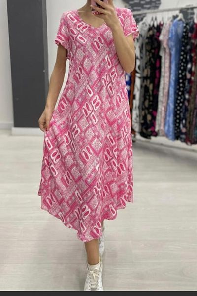 AYASOFYA OTANTIK Women's Pink Ethnic Floral Patterned Loose Relaxed Cut Short Sleeve Midi Dress