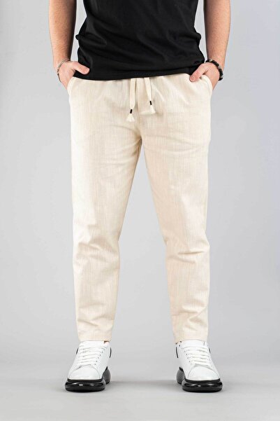 bombe Erkek Jogger Keten Pantolon Beli Lastikli Ipli Pamuklu Rahat Boyfriend Pantolon Bej