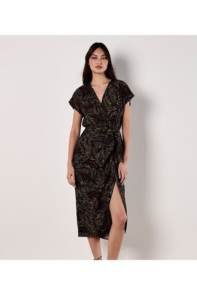 Apricot Wickelkleid mit Blätterdruck