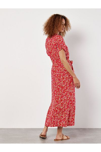 Apricot Ditsy Floral Dekorativs Midikleid mit Knöpfen