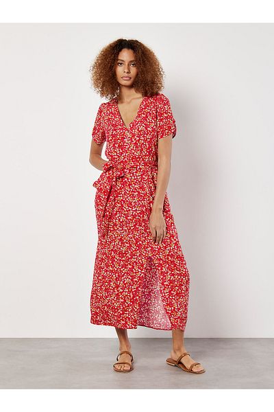 Apricot Ditsy Floral Dekorativs Midikleid mit Knöpfen