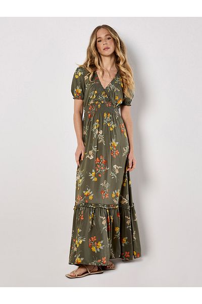 Apricot Geblümtes Gestuftes Kittelkleid