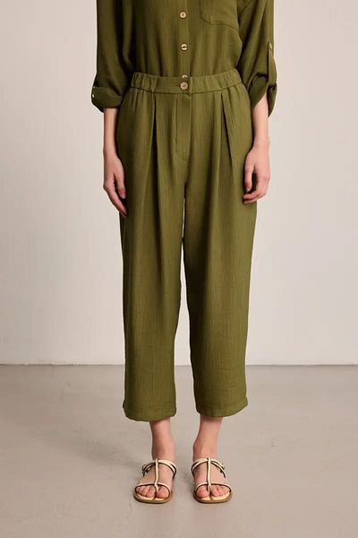 Gusto High Waist Pants with Crinkle Effect - Khaki