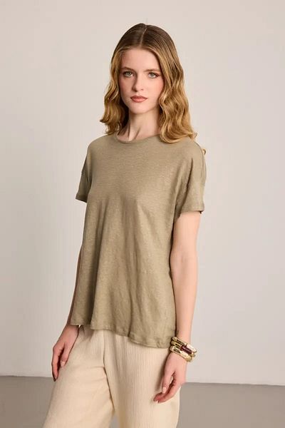 Gusto Λινό T-Shirt Crew Neck - Πράσινο