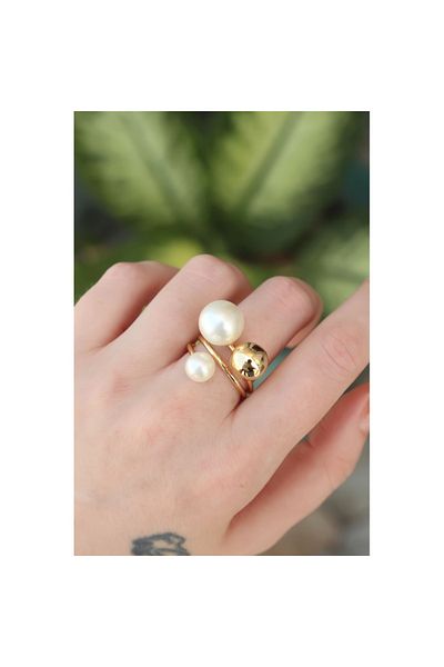 Skygo Brass Gold Color Adjustable Pearl Rhinestone Ring - Tj-Byk3180