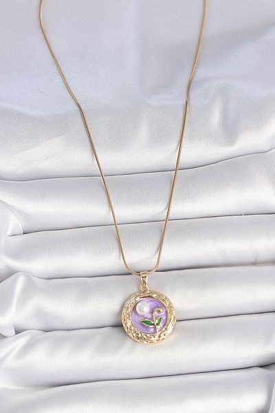 Clariss 316L Steel Gold Color Chain Purple Flower Embroidered Pearl Detail Potre Model Women's Necklace