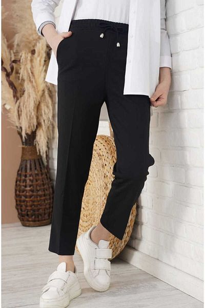 Mrs.idea Women's Rope Detailed Elastic Waist Skinny Leg Black Trousers