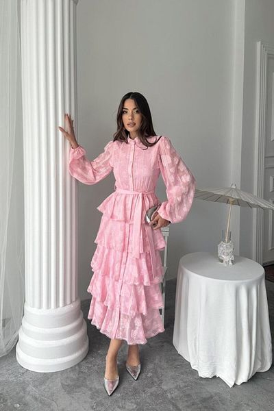 leyla sanat sanata yeni bir bakış açısı Leyla New Perspective on Art Art Candy Pink Long Flounced Dress
