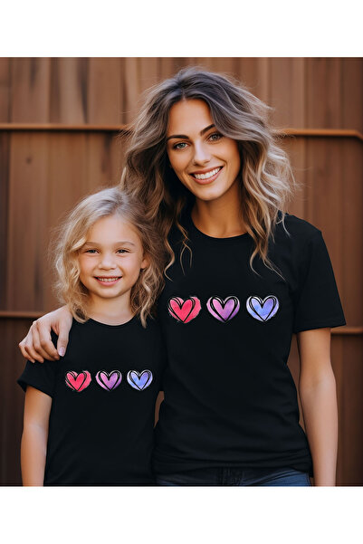 ASELİNDA تي شيرت مطبوع عليه قلب الأم والابنة، تي شيرت برقبة دائرية/تي شيرت (س...