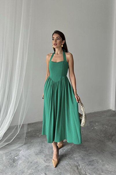 Kokosh moda DRESSIFY MODĂ FEMEIEAȚĂ Rochie verde din in, cu gât tip halter