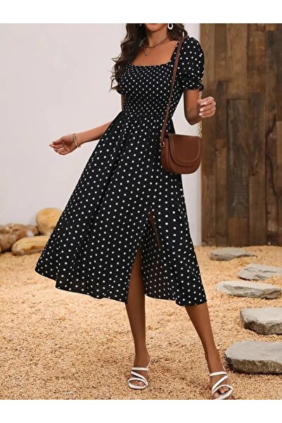 Viyamo Women Short Sleeve Geometric Neck Slit Polka Dot Midi Knitted Crepe Dress