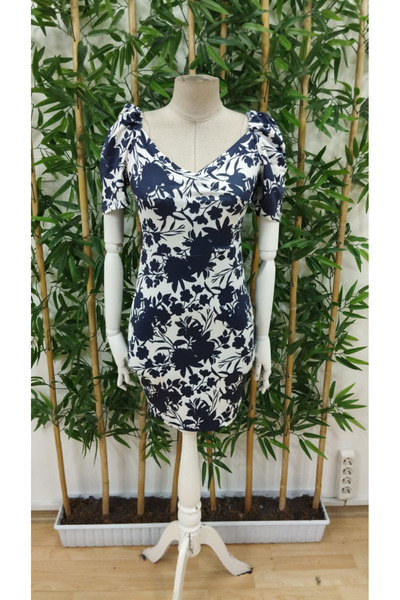 JANES Дамска рокля от джърси с къс ръкав и двуредно закопчаване с флорален принт