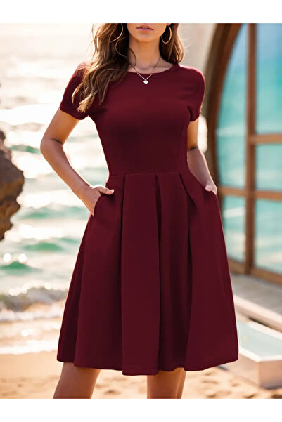 modaserdem Women's Short Sleeve Crew Neck Front Pleat Detailed Janjan Crepe Dress