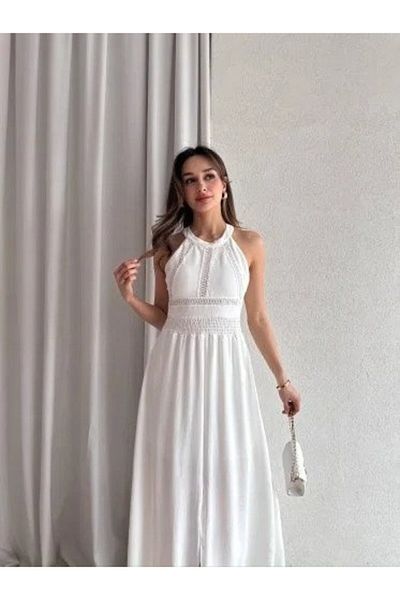 Kokosh moda Women's Crinkle Fabric Waist Gimped Halter Neck Maxi Length Dress