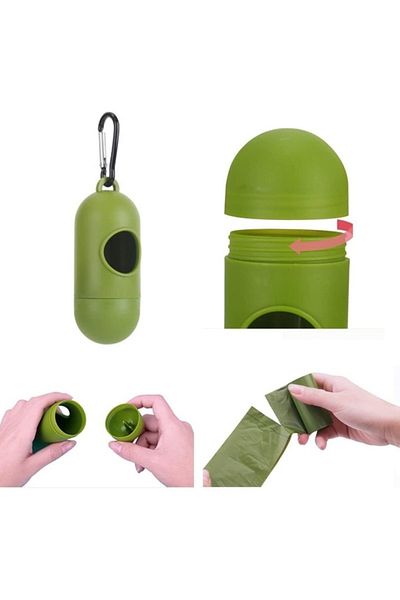 TrioStore Dispenser portabil verde + 15 pungi biodegradabile, pentru pisici și câini, kit igienă 8.5 x 4.5
