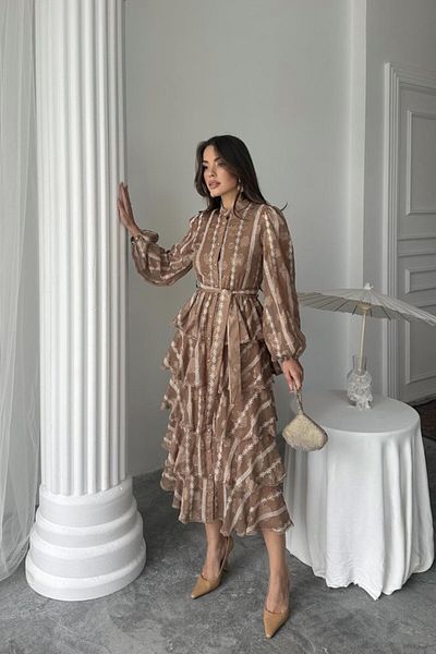 modaserdem Women's Brown Long Flounce Evening-Graduation-Wedding-Occasion Dress