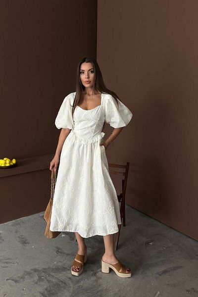 MRA Fashion Ecru Balloon Sleeve Lace Brode Dress