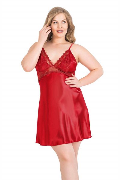 Findit Plus Size Red Short Satin Nightgown