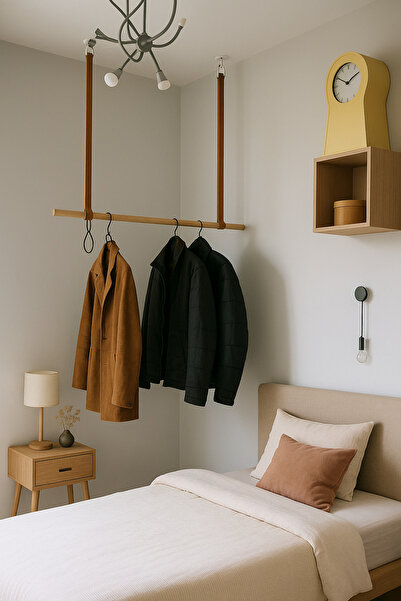 ESLENTA Duvara Monte Doğal Ahşap Elbise Askılığı | 80 Cm Pamuk Şeritli Organi...