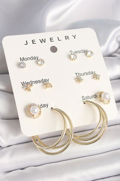 Skygo Brass Gold Color Zircon Stone Pearl Hoop Figure Set of 7 Model Women's Earring Set - Tj-Bkp10319