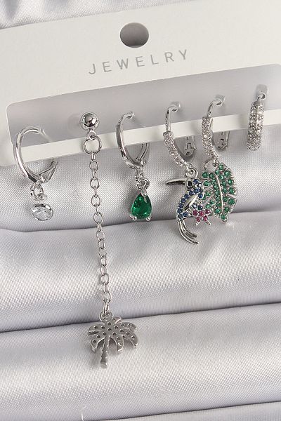 Skygo Brass Silver Color Dangle Zircon Stone Tree Figure Multiple Women's Earring Set - Tj-Bkp10119