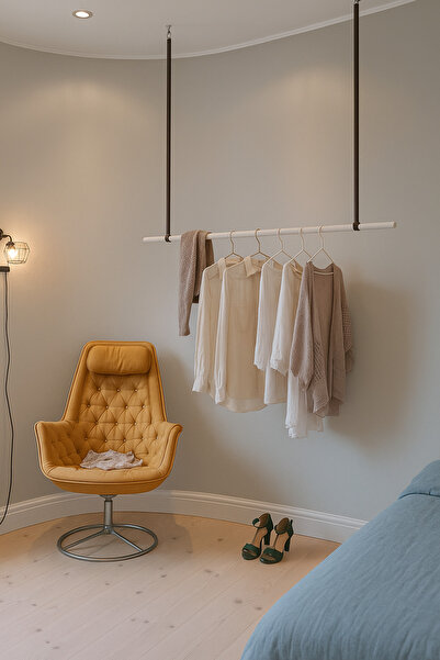 ESLENTA 140 Cm Doğal Ahşap Elbise Askılığı | Duvara Monte Pamuk Şeritli Büyük...