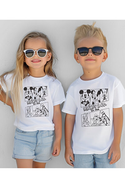 ASELİNDA Tricou alb pentru copii cu imprimeu Mickey - Combinație de frați (preț pentru o bucată)