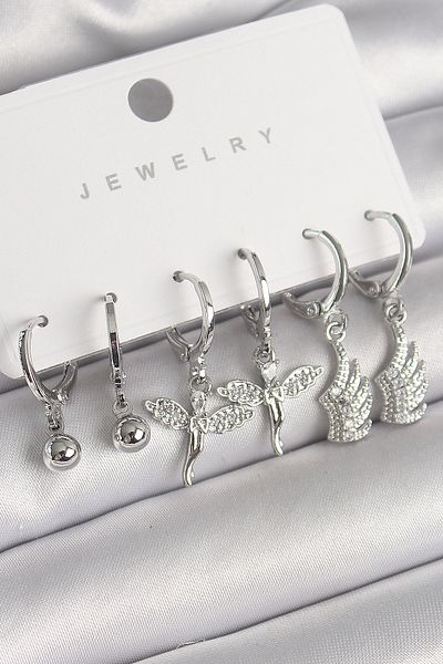 Skygo Brass Silver Color Hanging Zircon Stone Angel Model Wing Detail Women's Earring Set - Tj-Bkp10291