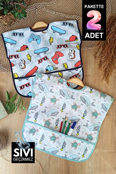 Babydonat Liquid Proof Sleeveless 6-24 Months 2-Piece Activity and Feeding Bib (Play-Dolphin)